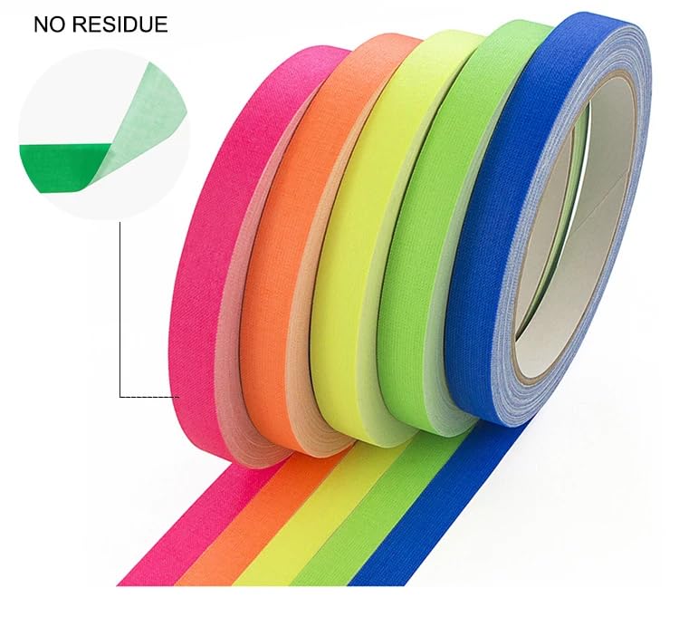 AISEY Neon Gaffer Cloth Tape, Fluorescent Colors Pro Gaff Tape Duct Tape UV Blacklight Glow in The Dark Tape for UV Party 0.6 inch x 33 feet, 5 Pack - Image 2